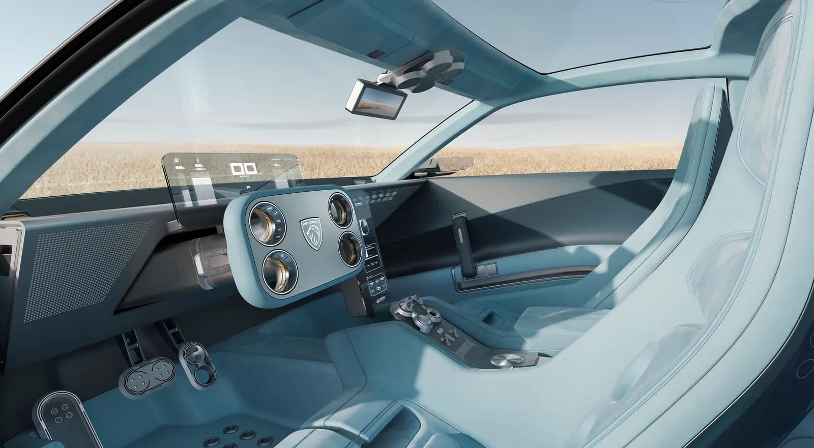 RCZ Visionの室内。操舵デバイスと、その上の透明なディスプレイ