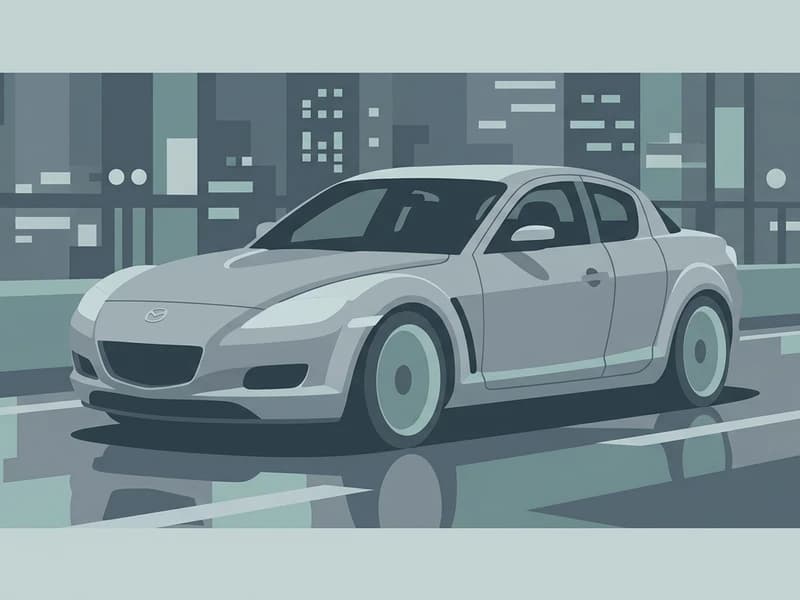 マツダ RX-8 が夜の都市を走るイラスト(独特の観音開きドアが見える構図)