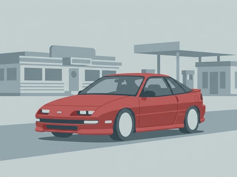 1990年代のジオ・ストームGSiがアメリカ郊外の道路を走るイラスト