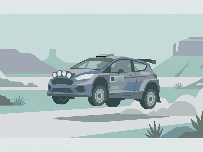南米のラリーステージを疾走するエティオス R5 — 砂埃を巻き上げながらジャンプするコンパクトカー