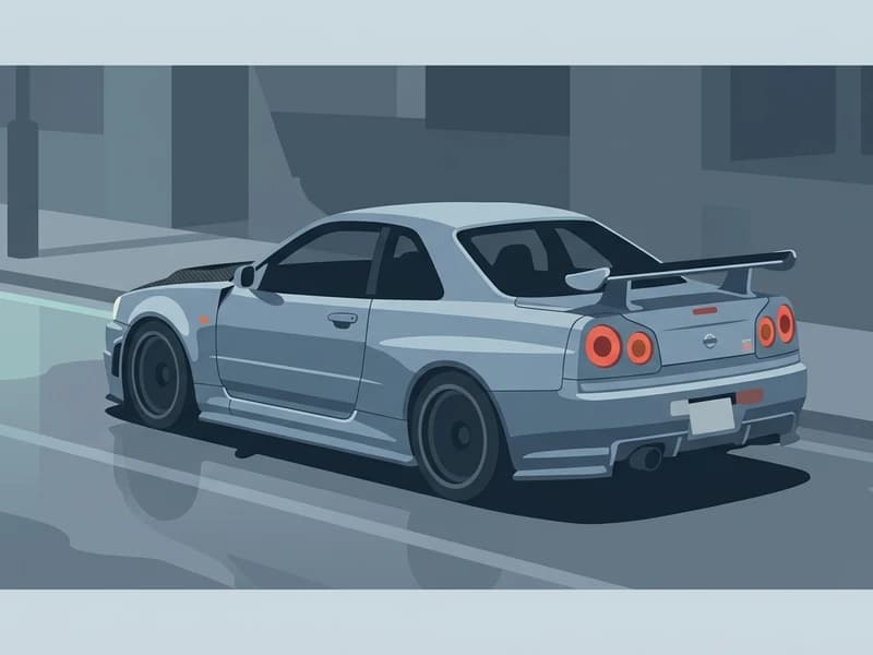 R34 GT-R V-Spec IIが都市の夜道を走るシーン