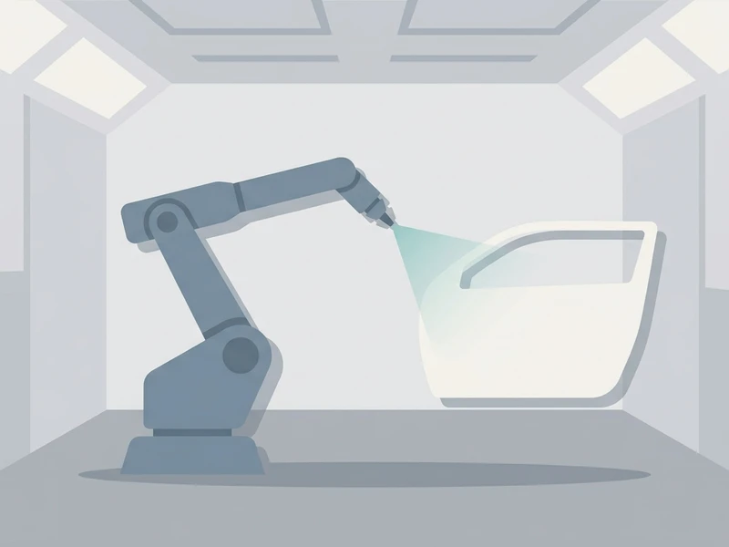 自動車工場の塗装ブース。ロボットアームが車体に塗料を吹き付けている。