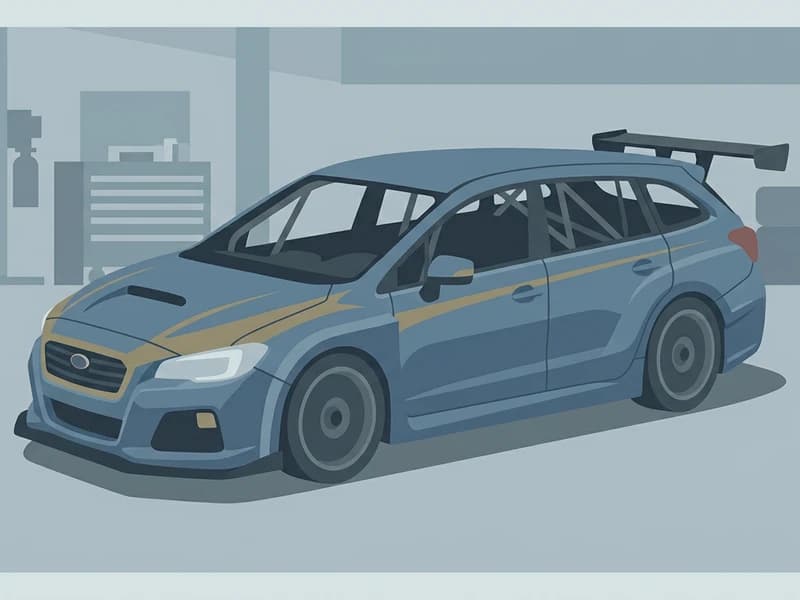 ファクトリーガレージに佇むレヴォーグGT BTCC仕様。市販ワゴンからレースカーへの変貌を示す工場内シーン