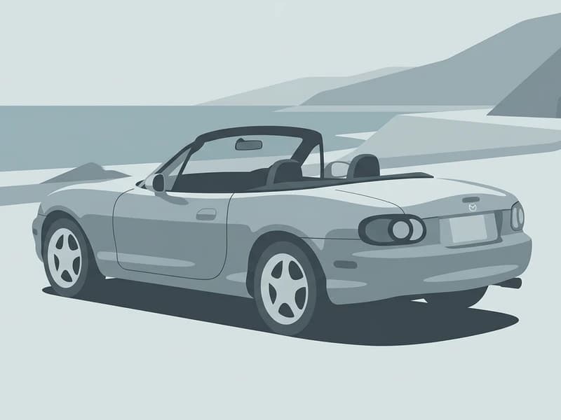 マツダ ロードスター NB型がソフトトップを開けて海沿いのワインディングを走るイラスト