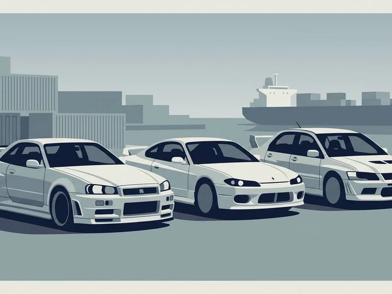 2001年式の日本車たちが港で船積みを待つ情景