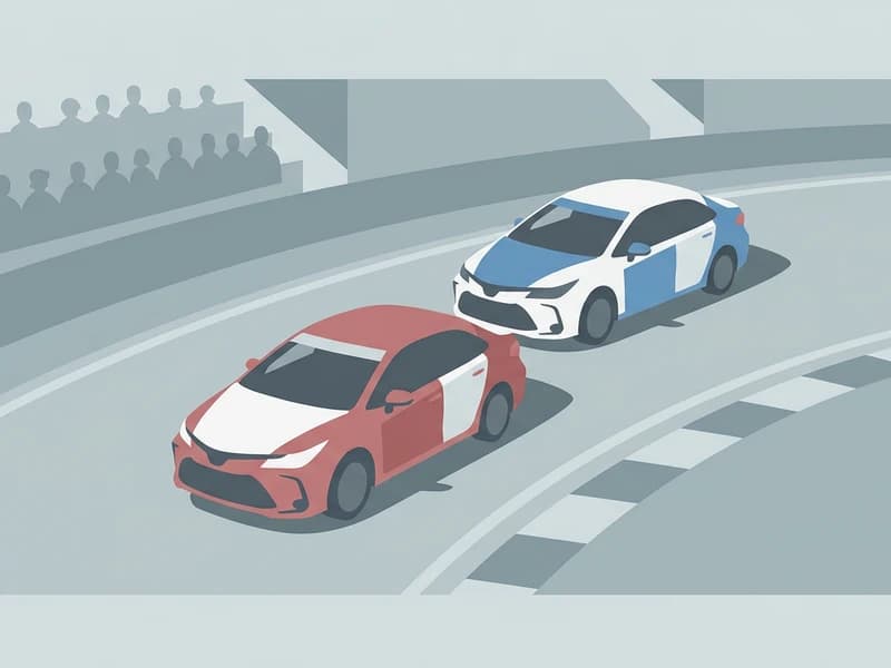 南米のサーキットで接戦を繰り広げる2台のレーシングカー — 見下ろしアングルのシーンイラスト